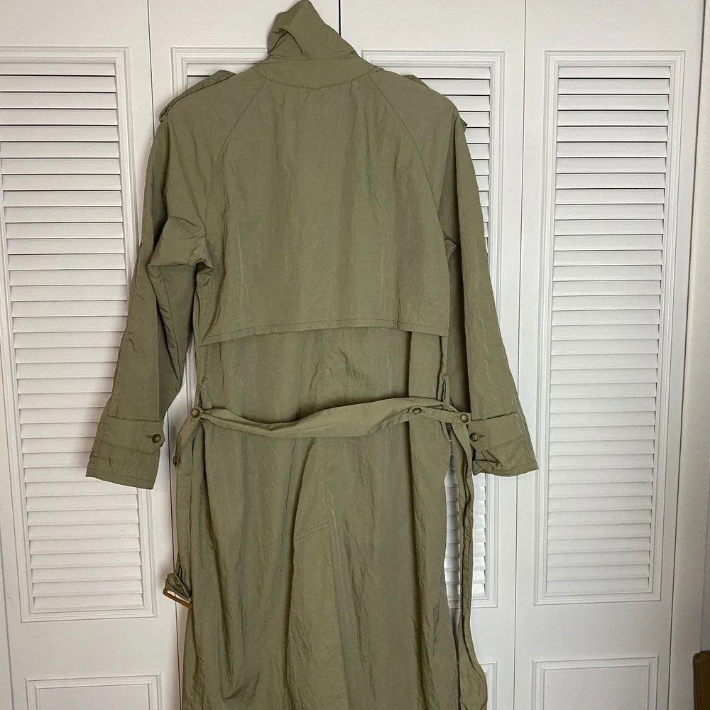VTG Banana Republic Nylon Trench Coat Mens S Olive Green Duster Epaulets Long